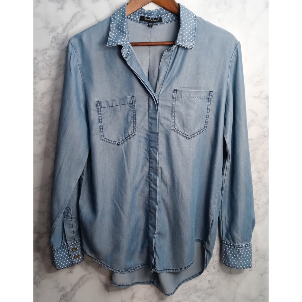 Velvet Heart Chambray Button Down Shirt Women M Blue Roll Tab Sleeve Western